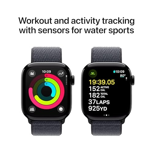 Apple Watch Series 10 GPS Smartwatch, 42mm, Jet Black Aluminum Case with Ink Sport Loop (MWWG3LW/a)