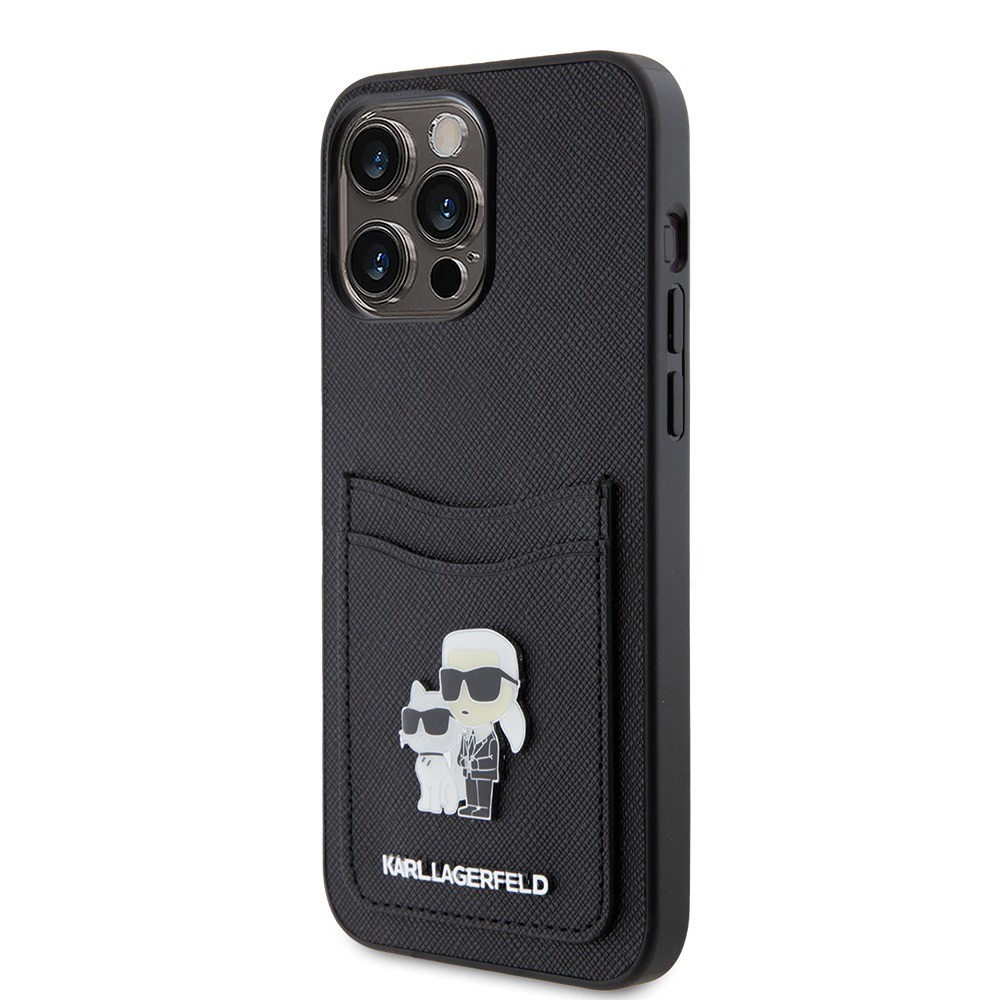 Karl Lagerfeld Saffiano Card Slot KC Metal Pin Hard Case for iPhone 15 Pro Max 6.7  Black - KLHCP15XSAPKCNPK