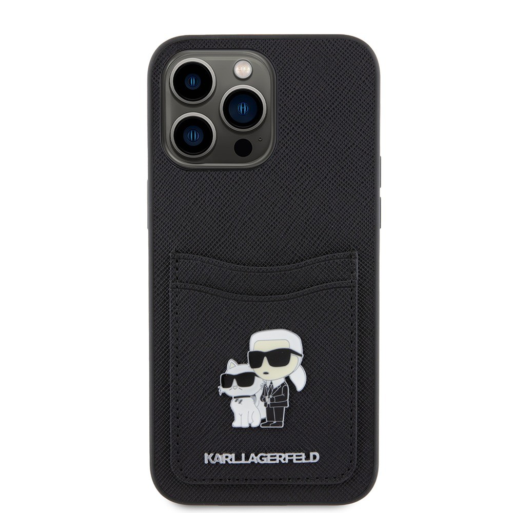 Karl Lagerfeld Saffiano Card Slot KC Metal Pin Hard Case for iPhone 15 Pro Max 6.7  Black - KLHCP15XSAPKCNPK