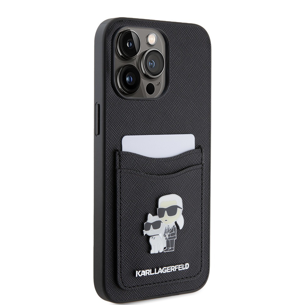 Karl Lagerfeld Saffiano Card Slot KC Metal Pin Hard Case for iPhone 15 Pro Max 6.7  Black - KLHCP15XSAPKCNPK