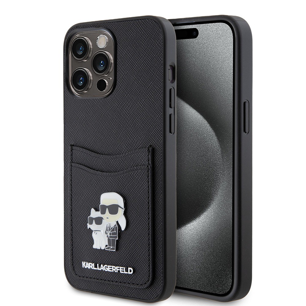 Karl Lagerfeld Saffiano Card Slot KC Metal Pin Hard Case for iPhone 15 Pro Max 6.7  Black - KLHCP15XSAPKCNPK