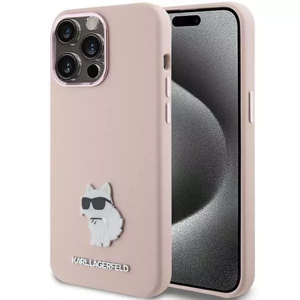Etui iPhone 15 Pro Max Różowe Karl Lagerfeld Silicone Choupette Metal Pin