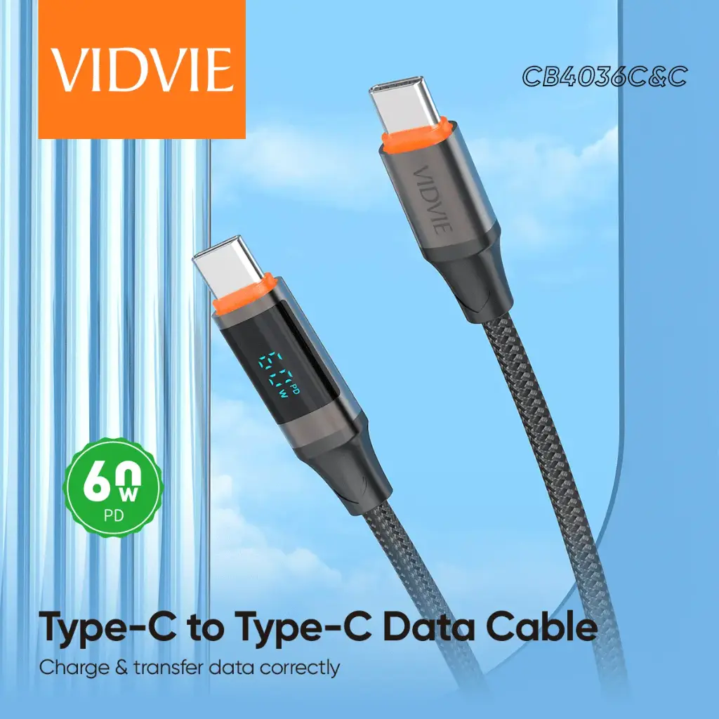 Vidvie Data Cable CB4036C&C Type-C to Type-C Data Cable Material: braided wire + aluminum shell Current: 60W Length: 1.2M LED displays real power output.