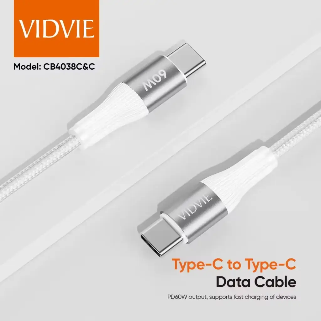 Vidvie Data Cable CB4038C&C Type-C to Type-C Data Cable Interface: Type-C to Type-C Current: 60W Material: braided wire + aluminum shell Function: Charge&Data Length: 1M White