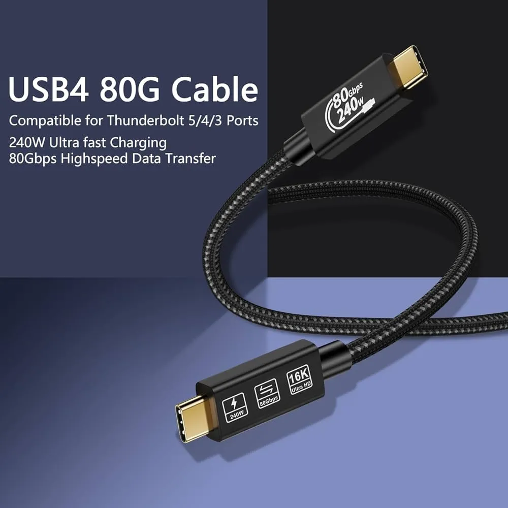 Thunderbolt 5 Cable,USB5 Cable, 240 W Charging, 80 Gbps Data, gen4 8K@60Hz 4K120Hz HDR, USB C to USB C, for Hub, Dock, M2, M3, SSD, Laptops, Monitor (TB5 80G 240W 1.5M)