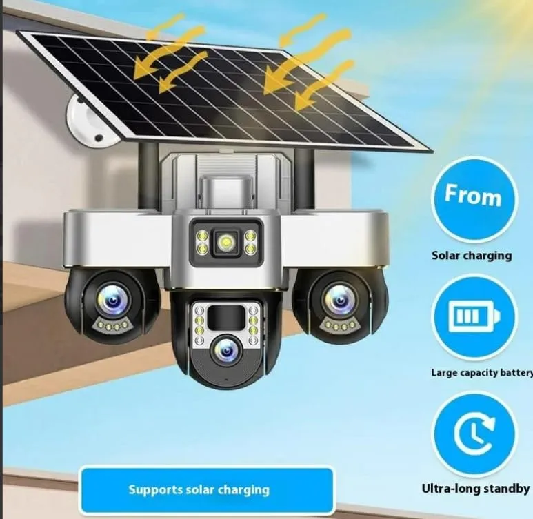 V380 Pro 4g Smart Net Camera 4 Cameras With Solar Panel , 3 Lens PTZ AI Solar Powered CCTV Camera - 360° Outdoor 4G Security Camera With 2-Way Audio