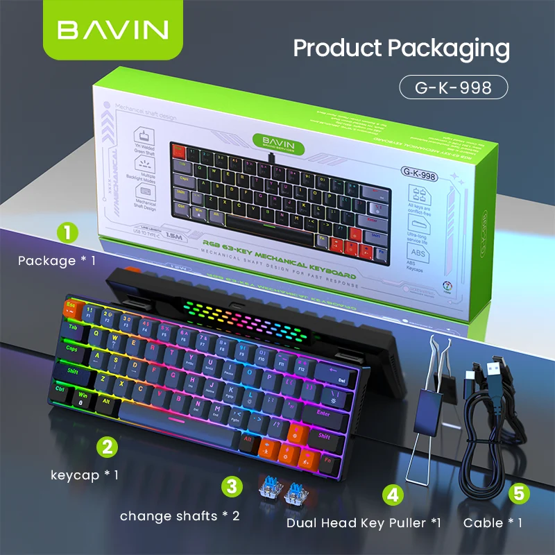 BAVIN K998 63-Key Mechanical Keyboard Gaming Ergonomic w/ Backlit RGB LED Light & Hot Swappable Keys