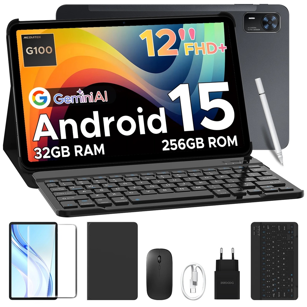 DOOGEE Tab E3+ Tablet 2 in 1 PC Gemini AI 12" Helio G100 32GB (8+24) 256GB 8800mAh Batterij Dubbele Luidsprekers Android 15 Smart Pad