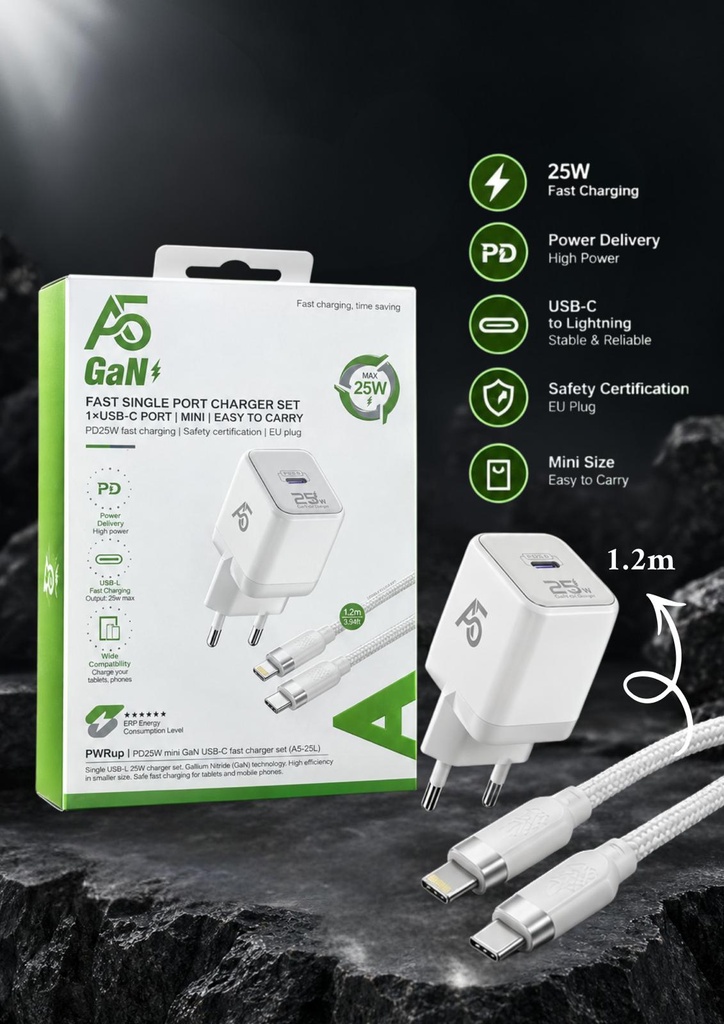 A5 GaN Fast Single Port Charger Set 1*Usb-C Port 25W With iPhone Cable