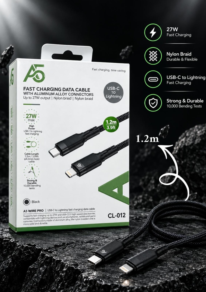 A5 Fast Charging Data Cable With Aluminium Alloy Connectors Up To 27W Type-C To Lightning