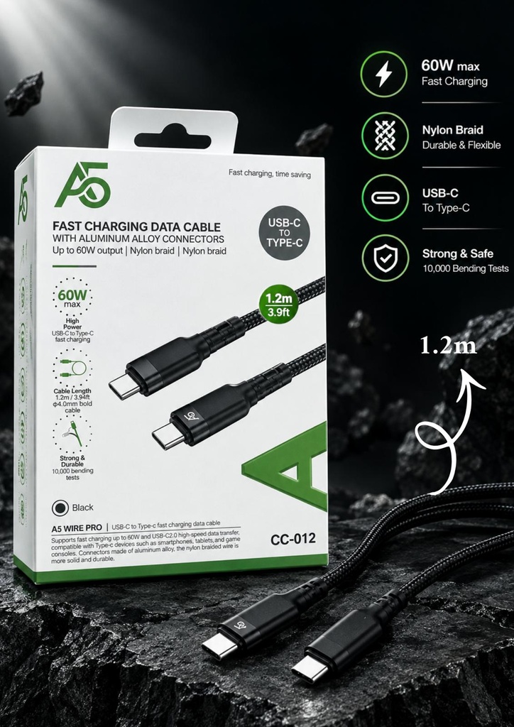 A5 Fast Charging Data Cable With Aluminium Alloy Connectors Up To 60W Type-C To Type-C