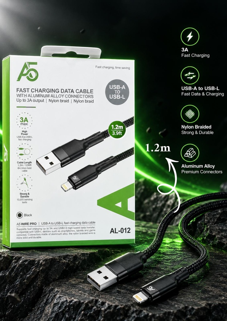 A5 Fast Charging Data Cable With Aluminium Alloy Connectors Up To 3A Usb-A To Usb-L