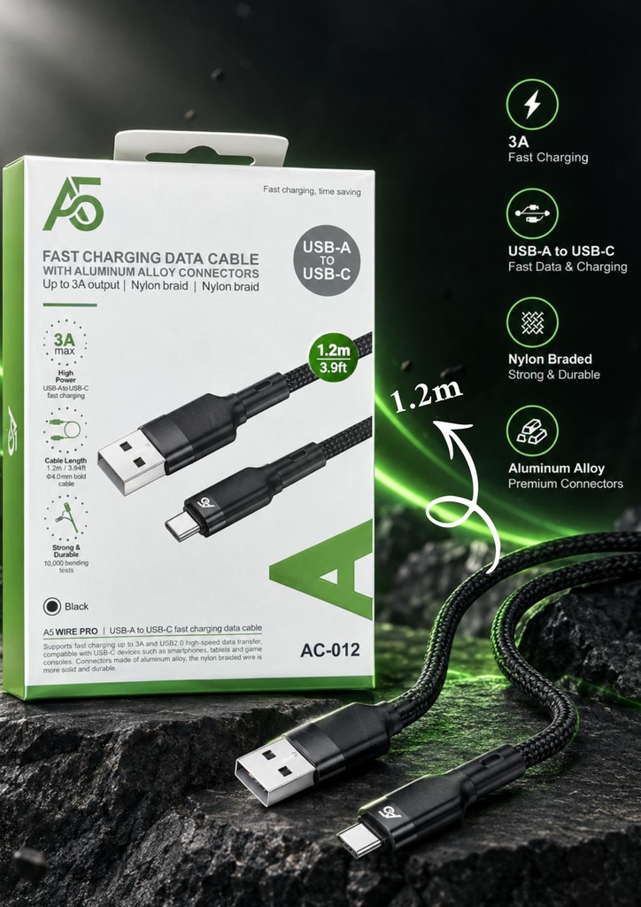 A5 Fast Charging Data Cable With Aluminium Alloy Connectors Up To 3A Usb-A To Usb-C